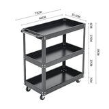 3-tier rolling tool cart storage organizer, dimensions shown, three-shelf design