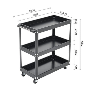 3-tier rolling tool cart storage organizer, dimensions shown, three-shelf design