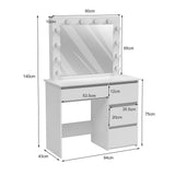 White dressing table with large lighted mirror, open shelf and drawer storage