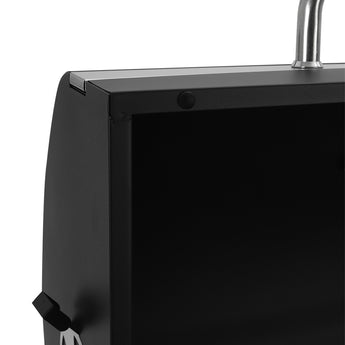 Black grill lid/hood with chrome handle and smooth metal side panel
