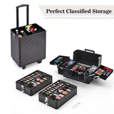 Black 76 cm makeup case set, open storage top with accessory trays and compartments