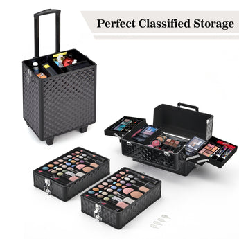 Black 76 cm makeup case set, open storage top with accessory trays and compartments