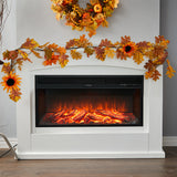 Autumn leaf garland with orange foliage and black-centered blooms draped over fireplace