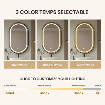 Wall-mounted oval LED bathroom mirror with 3 color temperature lighting options