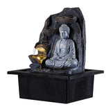 Tabletop Buddha water fountain decor close view of gray Buddha and golden lantern-like cup