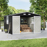 Metal storage shed with open double doors showing interior shelves and stacked logs