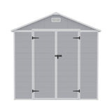 Gray plastic storage shed with double doors closed, roof vent and metal door latches