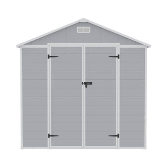 Gray plastic storage shed with double doors closed, roof vent and metal door latches