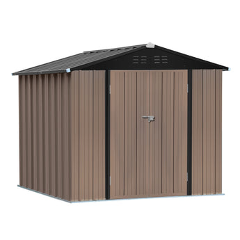 Brown metal garden storage shed in side view with black trim, sliding double doors