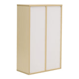 Light wood cabinet with two tall white doors and minimal front panel lines