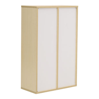 Light wood cabinet with two tall white doors and minimal front panel lines