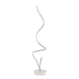 LED spiral floor lamp with glowing white wavy light tube and round white base.