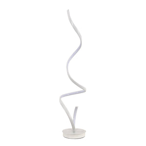 LED spiral floor lamp with glowing white wavy light tube and round white base.