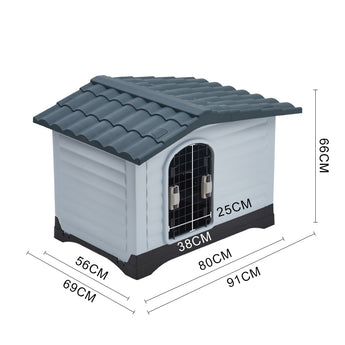Maße der 91-cm-Hundehütte: 80×99×69/56 cm, Kunststoff mit Ziegeldach