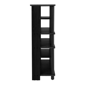 Black shoe rack side view with vertical posts and open storage compartments