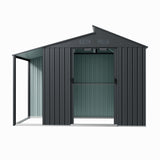 Metal garden storage shed view showing open double door and vented gable panels in grey