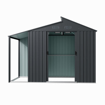 Metal garden storage shed view showing open double door and vented gable panels in grey