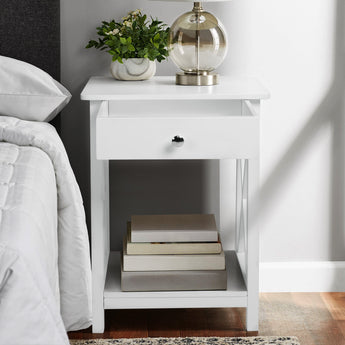 White nightstand with one drawer and open bottom shelf for storage
