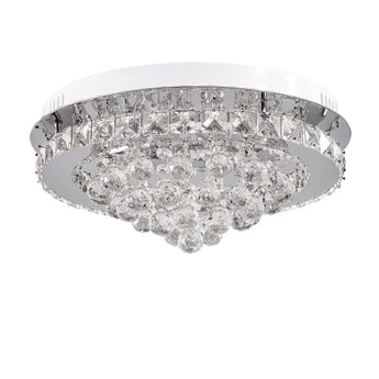 Round flush-mount ceiling lamp with clear crystal surround and hanging crystal drops