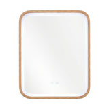 Wall-mounted LED vanity mirror with demister, rounded square frame, wood finish