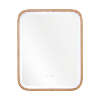 Wall-mounted LED vanity mirror with demister, rounded square frame, wood finish