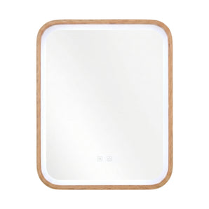 Wall-mounted LED vanity mirror with demister, rounded square frame, wood finish