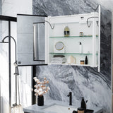 Wall-mounted bathroom LED mirror cabinet with open glass doors and adjustable interior shelves
