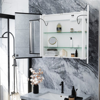 Wall-mounted bathroom LED mirror cabinet with open glass doors and adjustable interior shelves