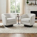 Pair of cream swivel accent chairs with rounded arms and dark circular bases.
