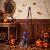 Halloween wand decoration with purple-striped pole and silver patterned tulle pouch