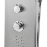 Silver shower tower panel controls with round knobs and connected hand shower hose