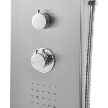 Silver shower tower panel controls with round knobs and connected hand shower hose