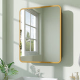 Gold-tone framed rectangular bathroom mirror cabinet on wall with rounded corners