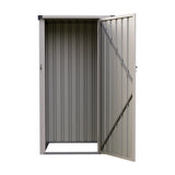 Open anthracite metal garden storage shed with double doors and interior wall panels