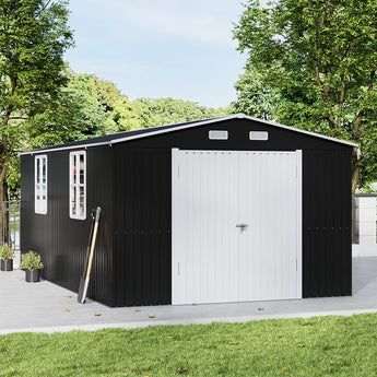 Metal garden storage shed with double doors, window panels, vents, and apex roof