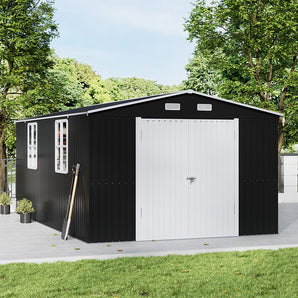 Metal garden storage shed with double doors, window panels, vents, and apex roof