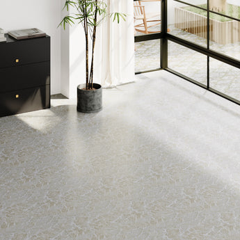 Peel-and-stick PVC floor tile with light gray marble-effect pattern