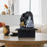 Tabletop Buddha water fountain decor with seated gray Buddha and golden water bowl
