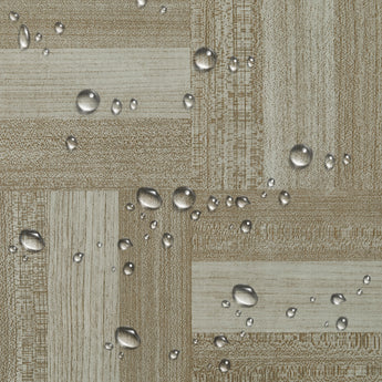 Water droplets on wood-effect vinyl floor tile surface, light beige and gray pattern