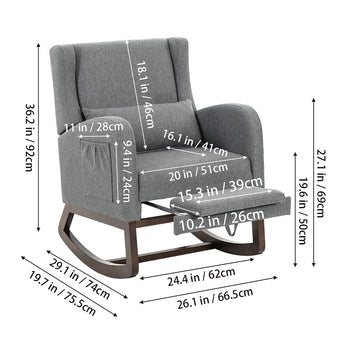 Grey rocking chair with footrest, showing overall dimensions in inches and centimeters