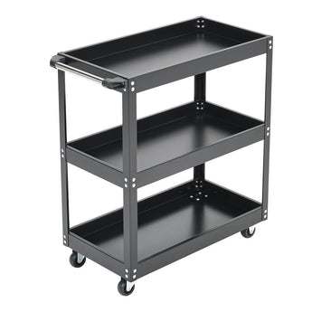 3-tier rolling storage cart with top handle bar and three open compartments