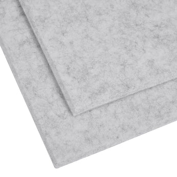 Silvery grey acoustic panel close-up with textured surface and 0.9cm thickness