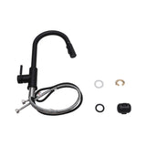 Black single-handle kitchen faucet set with braided supply hoses and sprayer parts