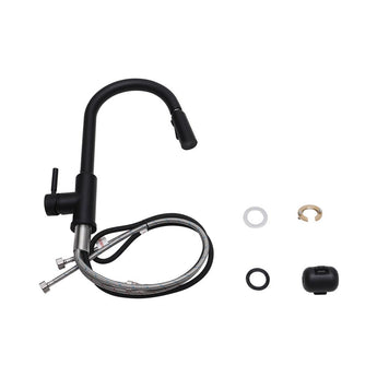 Black single-handle kitchen faucet set with braided supply hoses and sprayer parts