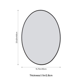Oval bathroom mirror with black frame and reflective glass for wall mounting