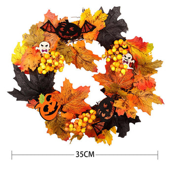 Halloween wreath, 35 cm, with orange and black leaves, bats, pumpkins, and berry clusters