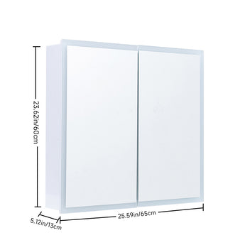 Wall-mounted white bathroom mirror cabinet with LED-lit frame and two closed doors