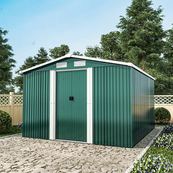 Dark green metal garden storage shed with sliding door and two roof vents