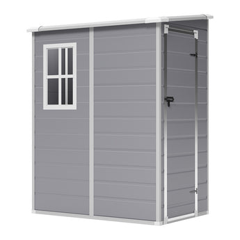 Gray plastic garden storage shed with window and sliding side door frame, pent roof
