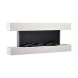 White wall-mounted electric fireplace with open firebox and black log-style inserts